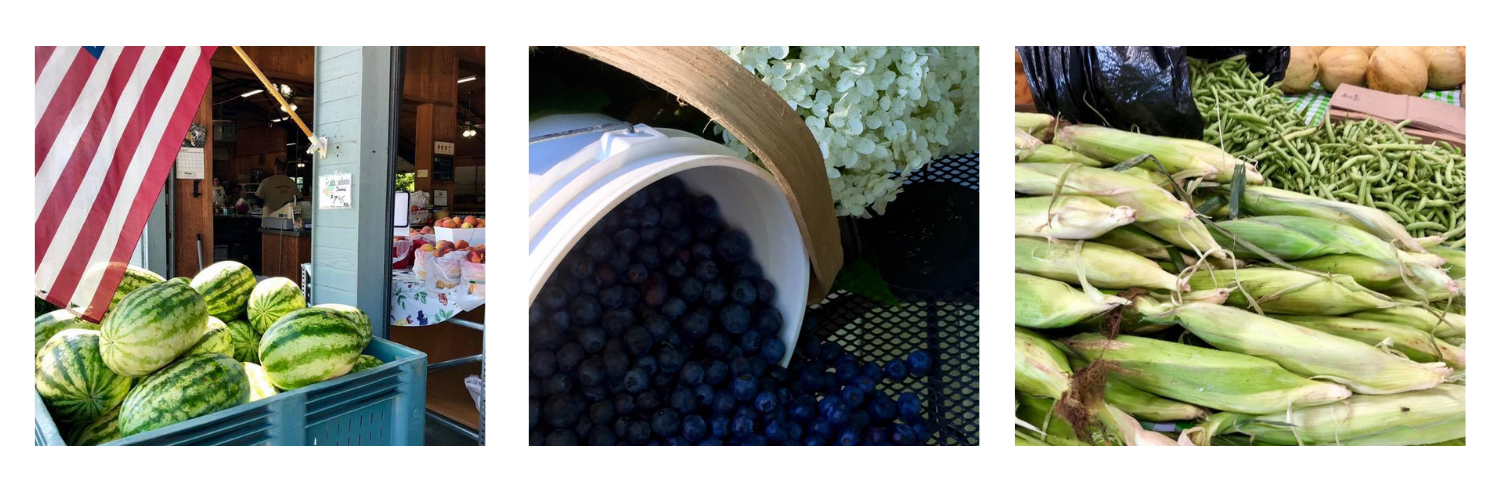 Collage of watermelons, blue berries and corn